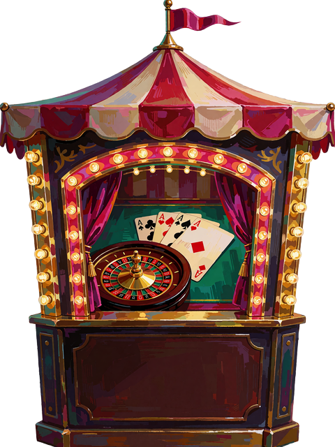 Cirkusbod med rouletthjul og spillekort på grønt filt, der viser bordspil som blackjack og roulette